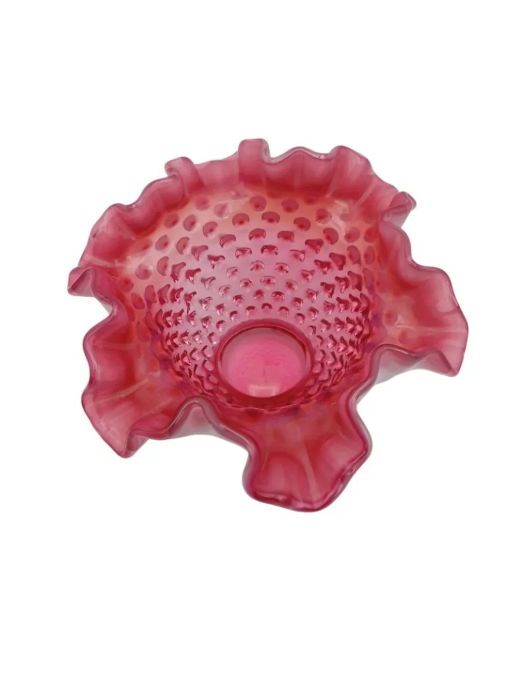 Fenton Cranberry Opalescent Hobnail Bowl Ruffled Art Glass 7